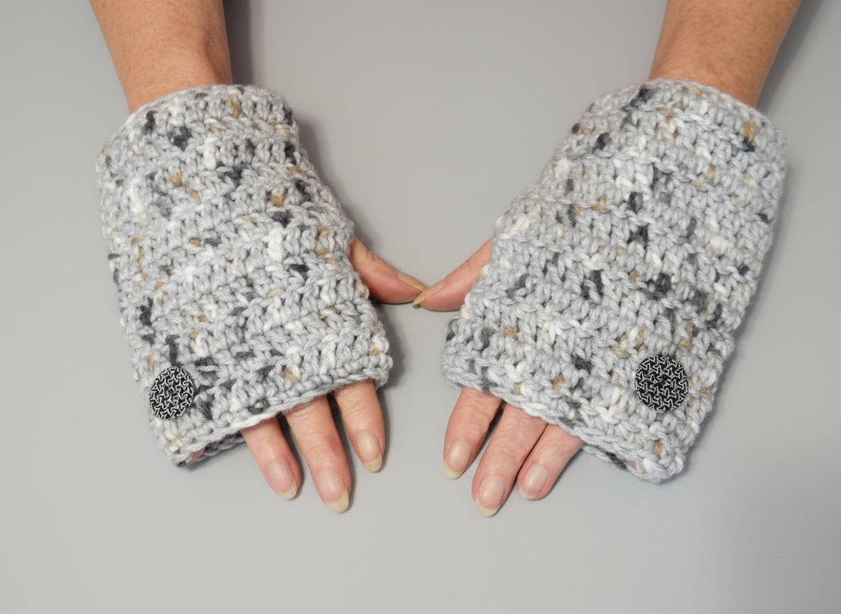 Handcrafted Gray Mix Mittens w/ Buttons