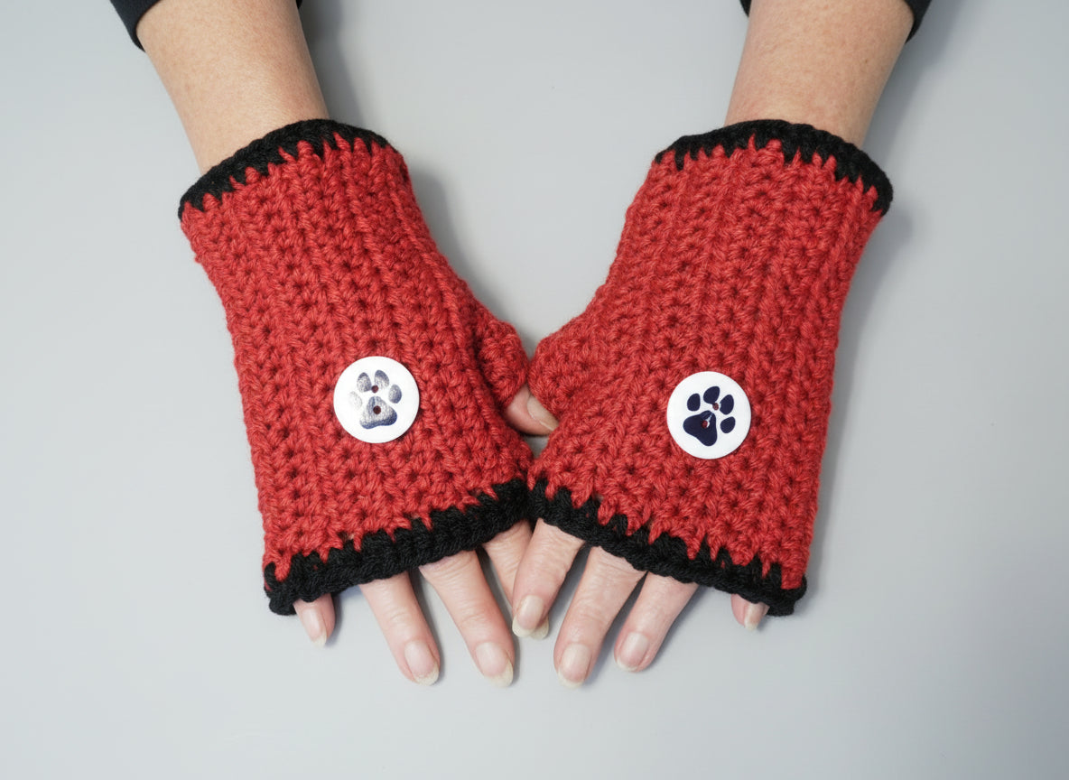 Handcrafted Red & Black Mittens w/ Buttons