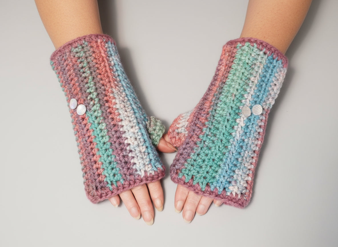 Handcrafted Green, Turquoise, & Red Mittens w/ Buttons