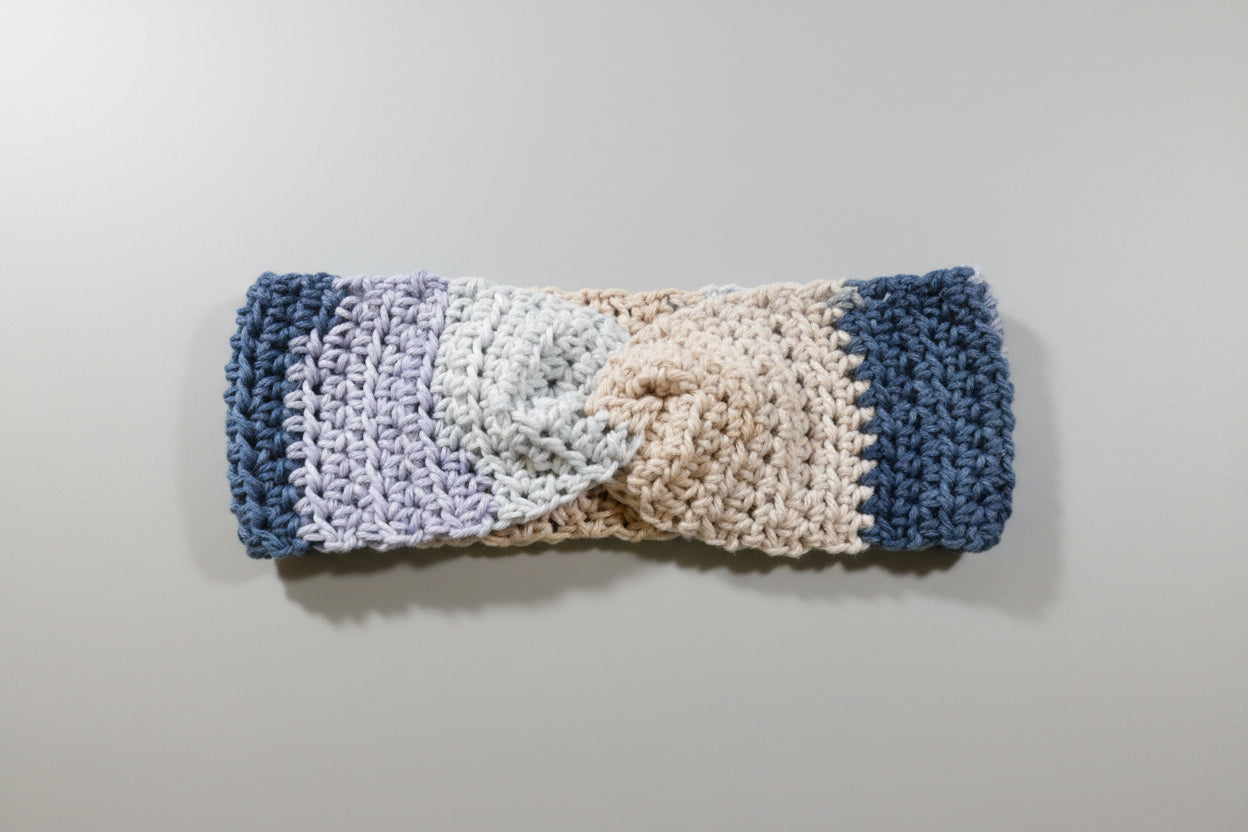 Handcrafted Denim Blue and Beige Winter Headband