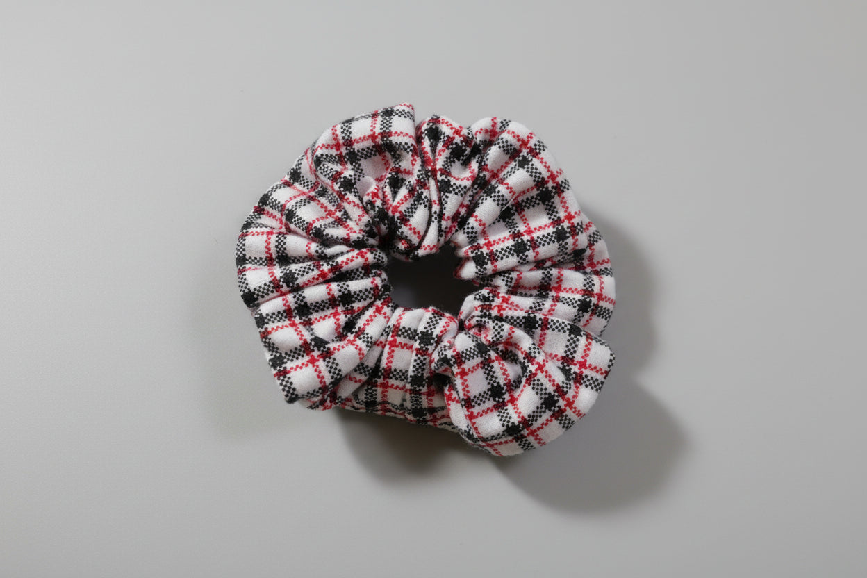 White with Red and Black Plaid Scrunchie